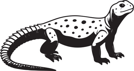 Black and white vector illustration of a spotted lizard sanda reptile silhouette isolated