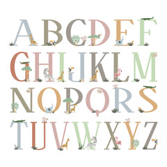 Pastel Chalk Alphabet with Cute Safari Animals Vector Set. Kids Education ABC