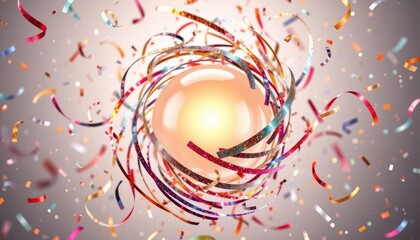 Celebratory Sphere Amidst Cascading Confetti, Festive and Energetic Scene