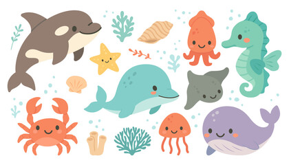 Vector illustration of cute underwater animals: orca, crab, starfish, dolphin, whale, stingray, seahorse, octopus, shells, coral, and seaweed. Perfect for kids and marine themes