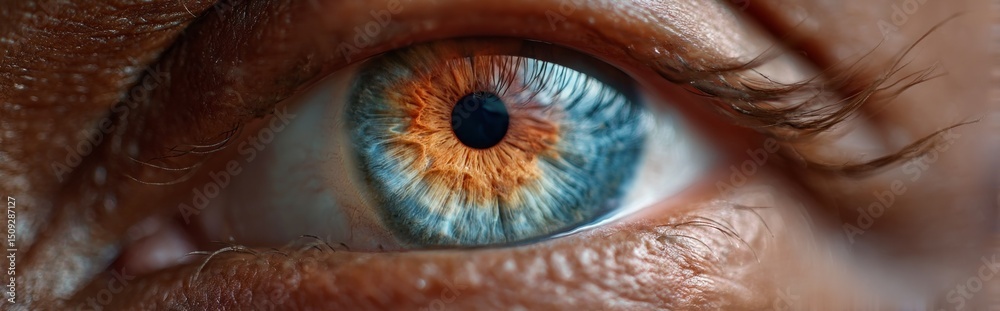 Poster Close-up view of a human eye showcasing vibrant hues and intricate patterns. This macro perspective highlights emotional and aesthetic aspects, promoting wellness through visual beauty