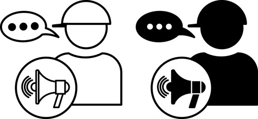 Storytelling Icons. Black and White Vector Illustrations. Man in Hat Telling Story and Megaphone. Marketing Technique. Influencer Concept