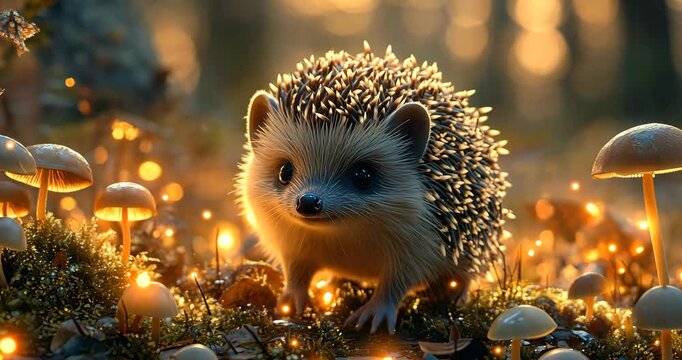 A cute hedgehog in a magical forest with glowing mushrooms and soft lighting.