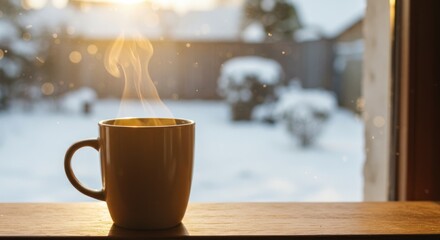 Steaming Coffee Mug on Windowsill in Winter, Peaceful Cozy Morning