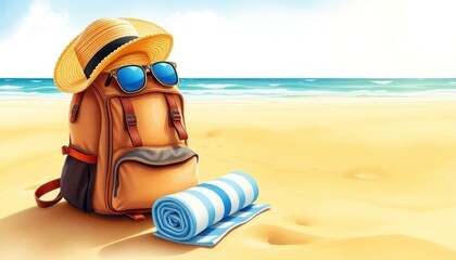 Beach Getaway Essentials: Backpack, Sun Hat, Sunglasses and Towel by the Sea