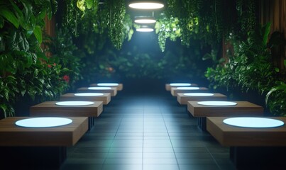 Modern indoor pathway with lush greenery and seating