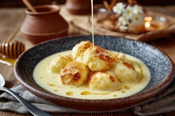 Kartoffelkl&ouml;&szlig;e mit So&szlig;e Hausmannskost Kn&ouml;del Gericht Kartoffelgericht Beilage Deftiges Essen Traditionell Deutsche K&uuml;che Kl&ouml;&szlig;e serviert S&auml;ttigend Mittagessen Abendessen Rustikal Klassisch Genuss