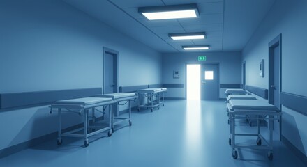 Sterile Hospital Hallway with Gurneys and Emergency Exit Door in Blue Tones