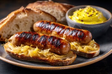 Bratwurst Sauerkraut Brot Senf Deutsches Essen Grillwurst Hausmannskost Rustikal Traditionell Wurstgericht Fleischgericht Deftig Mittagessen Abendessen Oktoberfest Spezialität Bayrisch Heimatküche