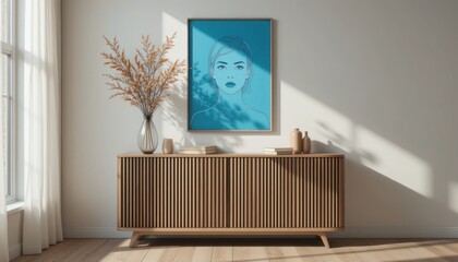 Contemporary interior featuring a wooden cabinet, stylish decor, and artistic portrait against a neutral wall under natural light