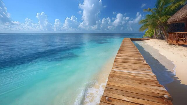 Amazing sunny panorama at Maldives. Luxury resort villas seascape with boost up colors, blue sea sky, fantastic jetty. Perfect summer vacation holiday background. Tranquil tropical beach landscape