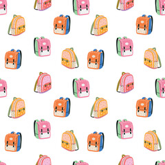 Seamless pattern with bright backpacks on a white background. Suitable for school theme, wallpaper, wrapping paper, vector flat style