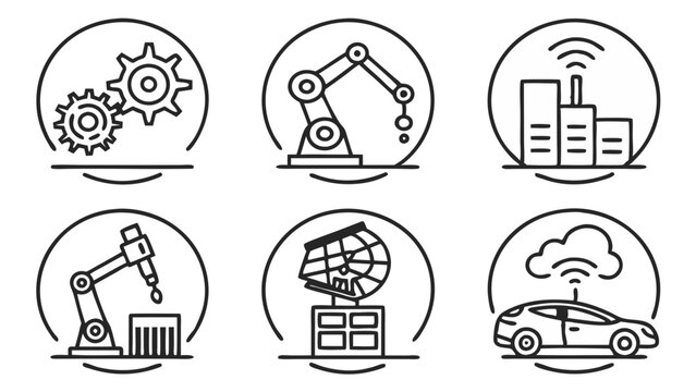 Collection of six distinct icons depicting industrial automation and technological advancements in ovals