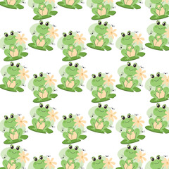 seamless pattern features green frogs happily lounging on lily pads, each holding a soft yellow flower