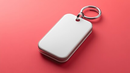 Fototapeta premium White rectangular metal keychain mockup with silver ring on red background.