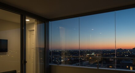 Urban twilight serenity view through modern glass balcony windows framing city lights