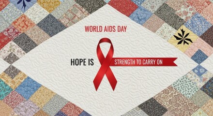 A Patchwork of Hope: Strength to Carry On - A quilt symbolizes diverse lives, resilience, and unity against AIDS. The red ribbon represents hope, strength, and perseverance. This conveys support