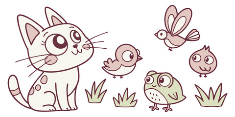 Obraz premium A cartoon cat surrounded by various small birds and patches of grass in a simple design style