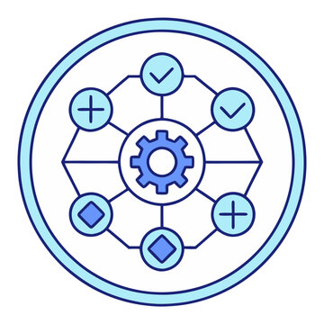 Light blue gear in center with connected plus, check, and diamond icons inside double circle
