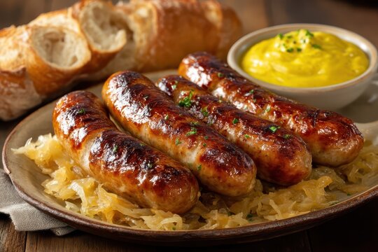 Bratwurst Sauerkraut Brot Senf Deutsches Essen Grillwurst Hausmannskost Rustikal Traditionell Wurstgericht Fleischgericht Deftig Mittagessen Abendessen Oktoberfest Spezialit&auml;t Bayrisch Heimatk&uuml;che