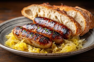 Bratwurst Sauerkraut Brot Senf Deutsches Essen Grillwurst Hausmannskost Rustikal Traditionell Wurstgericht Fleischgericht Deftig Mittagessen Abendessen Oktoberfest Spezialität Bayrisch Heimatküche