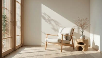 Sunlit Serenity: An Armchair in a Modern Interior with Natural Light and Plant Shadow