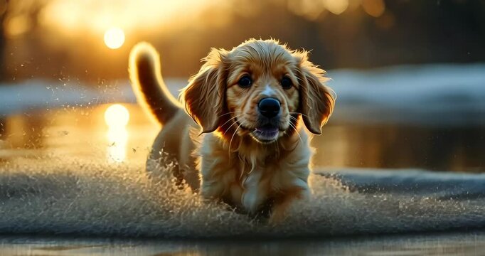 A golden retriever puppy plays in the shallow water at sunset.