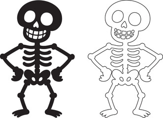 black and white skeleton dancing characters standing with hands on hips silhouette line art