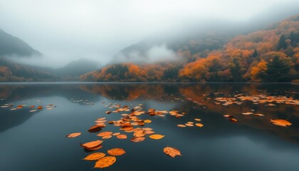 Misty Autumn Lake Scene with Fallen Leaves Reflecting Autumnal Color