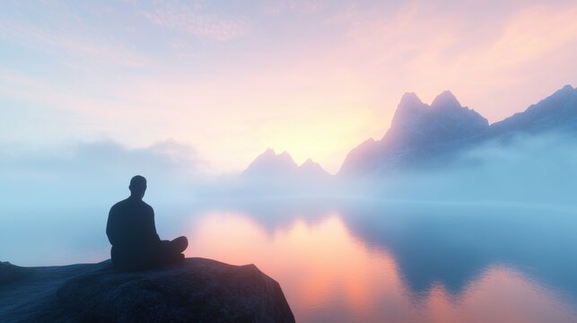 Person meditating by the serene lake during sunrise over misty mountains
