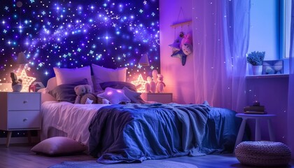 A child s bedroom featuring a luminous and realistic galaxy themed ceiling design
