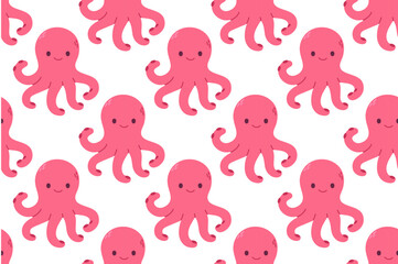 Pattern featuring pink octopuses with smiling expressions, repeated on a white background, ideal for kids’ marine designs