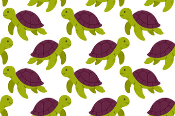 Green and purple turtles in seamless repeat on a white background, suitable for ocean-themed packaging or textile products