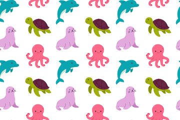 Obraz premium Seamless marine pattern with dolphins, seals, turtles, and octopuses on white background, ideal for kids' and educational designs