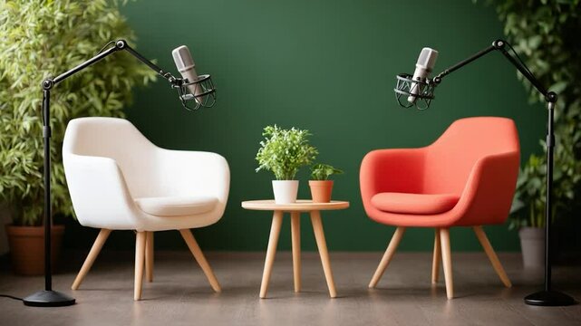 Podcast studio setup with armchairs microphones and potted plants for interview and content creation