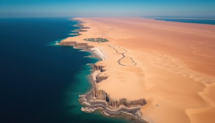 Striking aerial view of a desert landscape meeting the azure ocean coast