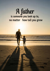 Father and Child Sunset Stroll - A silhouette of a father and son walking hand-in-hand on a beach at sunset. Symbolizing: love, family, guidance, legacy, and togetherness