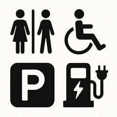 Restroom, Accessibility, Parking & EV Charging Facility Icon Set in Black and White Vector Style