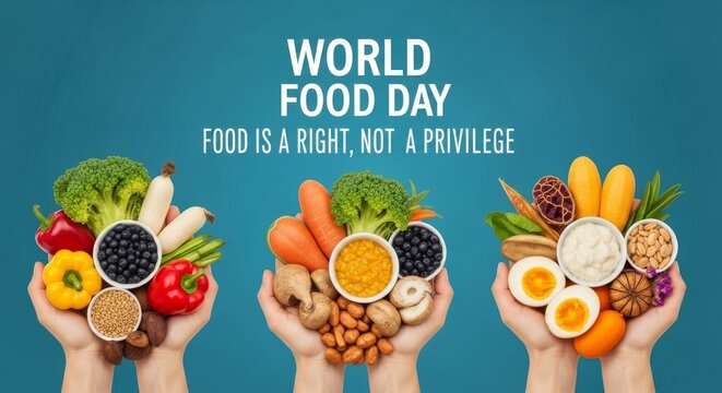 Global Nutrition: Food Security for All - Hands holding diverse, healthy foods symbolize global nutrition, food security, combating hunger, and the to food. It represents abundance, sharing