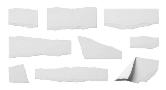 Assorted torn white paper scraps with irregular, jagged edges, and cutouts background.
