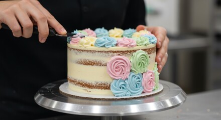 Elegant naked cake adorned with pastel buttercream roses is being crafted delicately