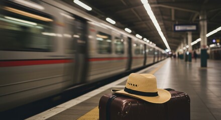 Waiting for departure train travel, hat and suitcase on platform station