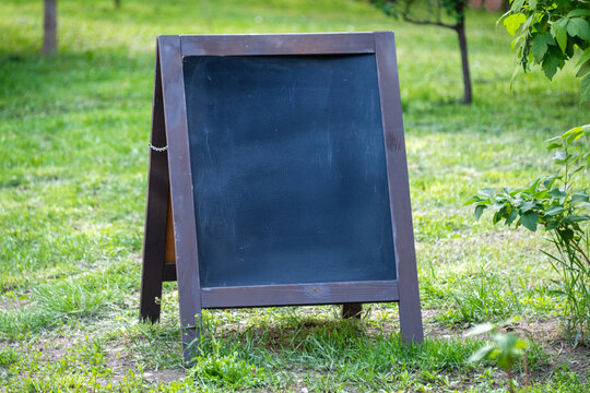 A blank chalkboard sign stands on lush green grass near a young tree in a sunny park. The landscape suggests an invitation for announcements, messages, or creative outdoor presentations.