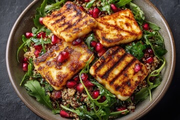 Halloumi Salat Gegrillt Rucola Granatapfel Gesund Vegetarisch Käse Salat Sommerfrisch Proteinreich Leicht Mittagessen Frisch Bunt Mediterran Grillkäse Bowl Nährstoffreich Clean Eating Fitfood