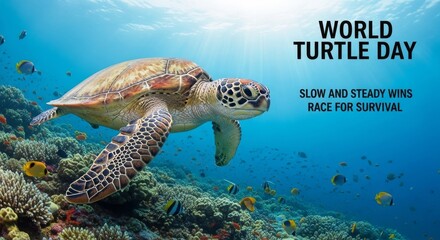 Obraz premium Majestic Sea Turtle in Coral Reef - A majestic sea turtle gracefully swims through a vibrant coral reef, symbolizing peace, resilience, longevity, ocean health, and wildlife conservation