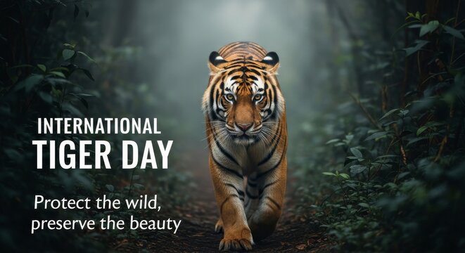 Majestic Tiger in Misty Jungle - A powerful tiger strides through a misty jungle, symbolizing wildlife, strength, beauty, nature, and conservation
