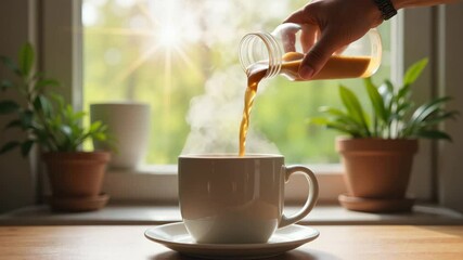 Freshly brewed coffee being poured into a white cup by the window  