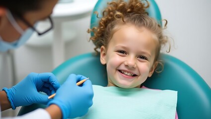 Fototapeta premium Happy young girl with curly hair during a dental exam smiling in a clinic
