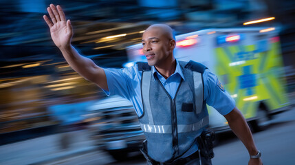 A police officer waves goodbye as ambulance departs