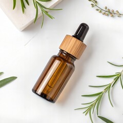 Minimalistic glass bottle with dispenser and wooden cap on podium, with greenery in background. Natural care, organic style